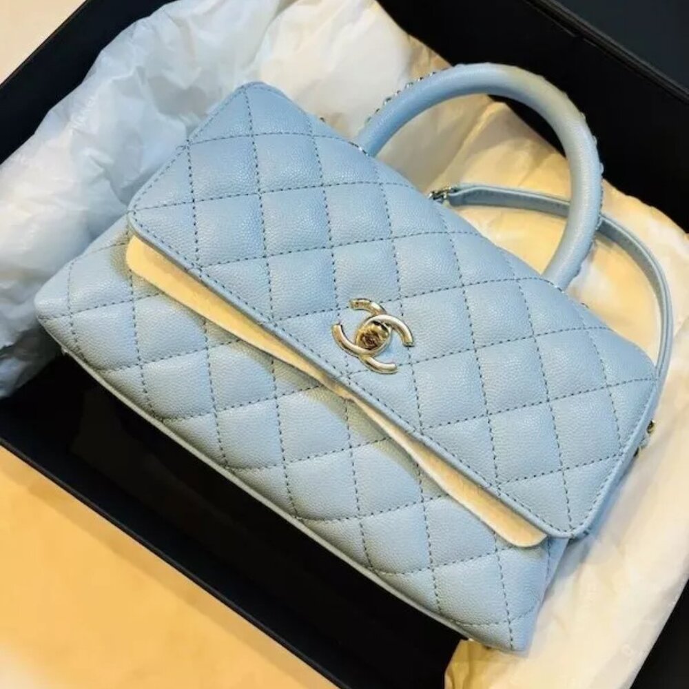 CHANEL Coco Handle 24 Flap Bag Light Blue Crossbody Purse Calf Woman Auth LV New